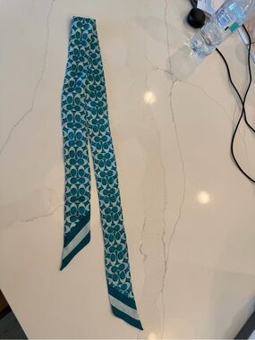 Coach Teal Logo-Print Silk Scarf Ribbon with Stripe Ends